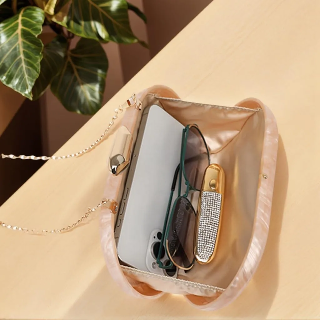 Women Elegant Oval Marbling Acrylic Wedding Clutch Purse Metal Chain Evening Handbag for Dinner Night Out Bar