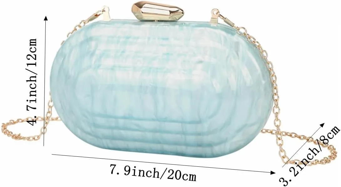 Women Elegant Oval Marbling Acrylic Wedding Clutch Purse Metal Chain Evening Handbag for Dinner Night Out Bar