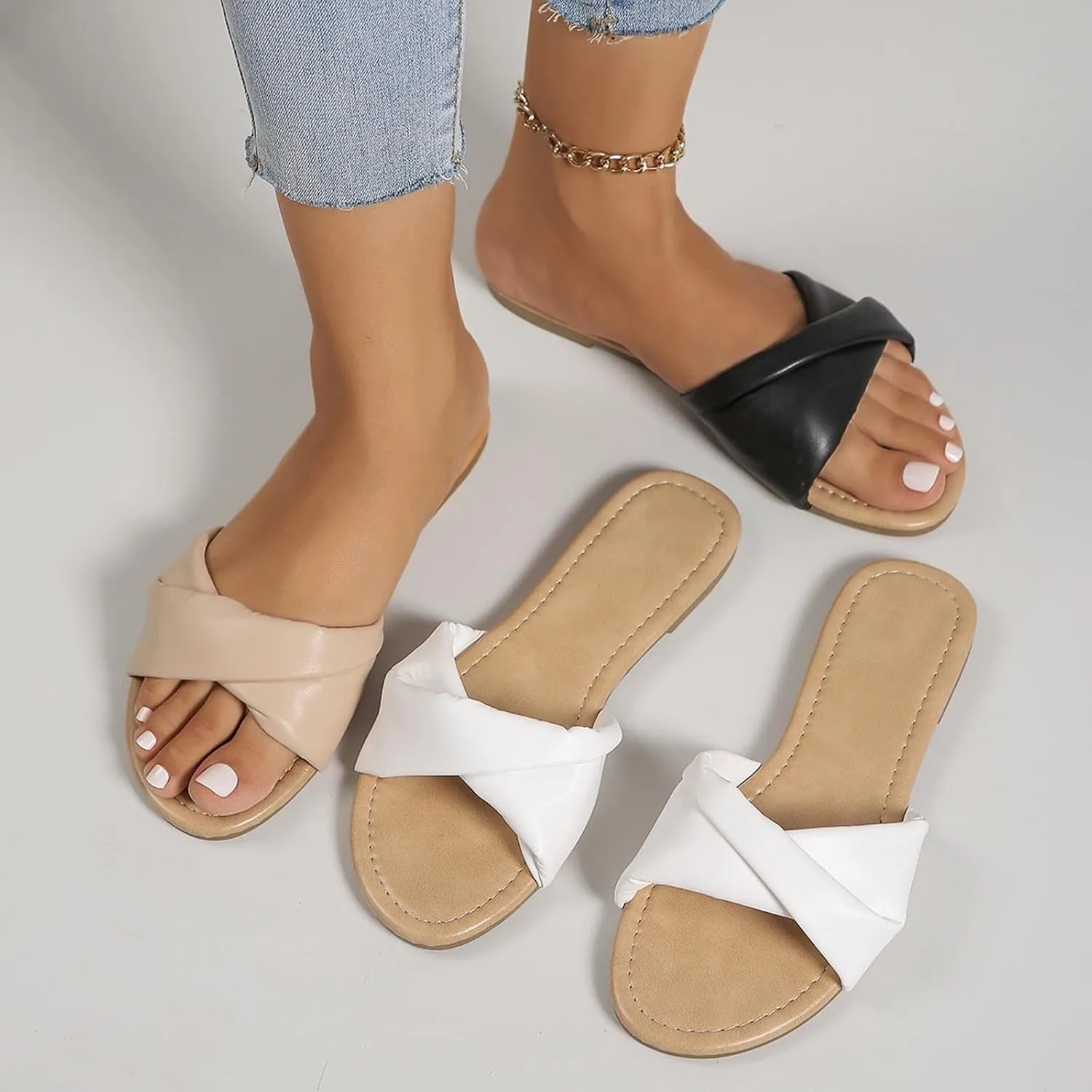 Women Flat Sandals Dressy Summer Comfortable Beach Slides Fashion Leather Casual Dress Sandals for Women 2025 Platform