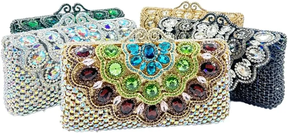 Women Glitter Flower Decorated Rhinestones Clutch Purse Noble Gemstone Evening Bag for Evening Out Disco Ball
