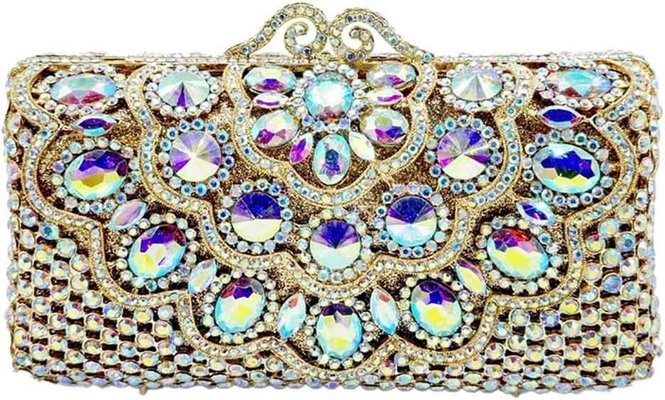 Women Glitter Flower Decorated Rhinestones Clutch Purse Noble Gemstone Evening Bag for Evening Out Disco Ball