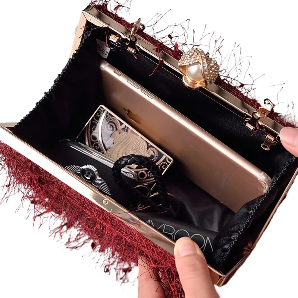 Women Great Tassels Clutch Purse Flurry Cocktail Evening Bag Crossbody Bag for Wedding Gown Formal Dressy Daily Skirt