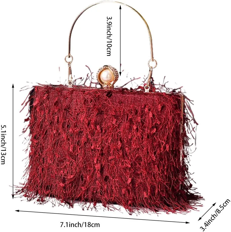 Women Great Tassels Clutch Purse Flurry Cocktail Evening Bag Crossbody Bag for Wedding Gown Formal Dressy Daily Skirt