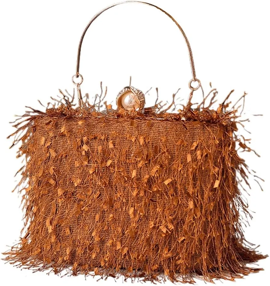 Women Great Tassels Clutch Purse Flurry Cocktail Evening Bag Crossbody Bag for Wedding Gown Formal Dressy Daily Skirt