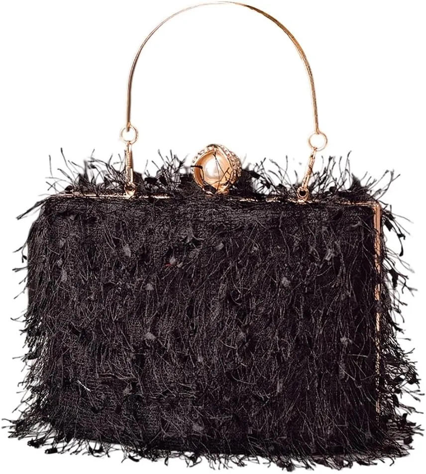 Women Great Tassels Clutch Purse Flurry Cocktail Evening Bag Crossbody Bag for Wedding Gown Formal Dressy Daily Skirt