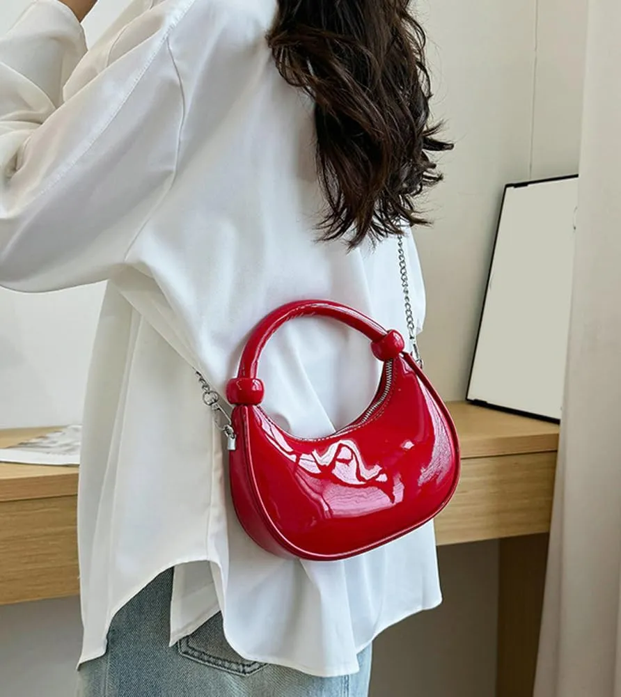 Women Knotted Top Handle Bag with Chain Glossy Handbags for Women 2025 Trending Crossbody Bag Crescent Purse Shoulder Clutch