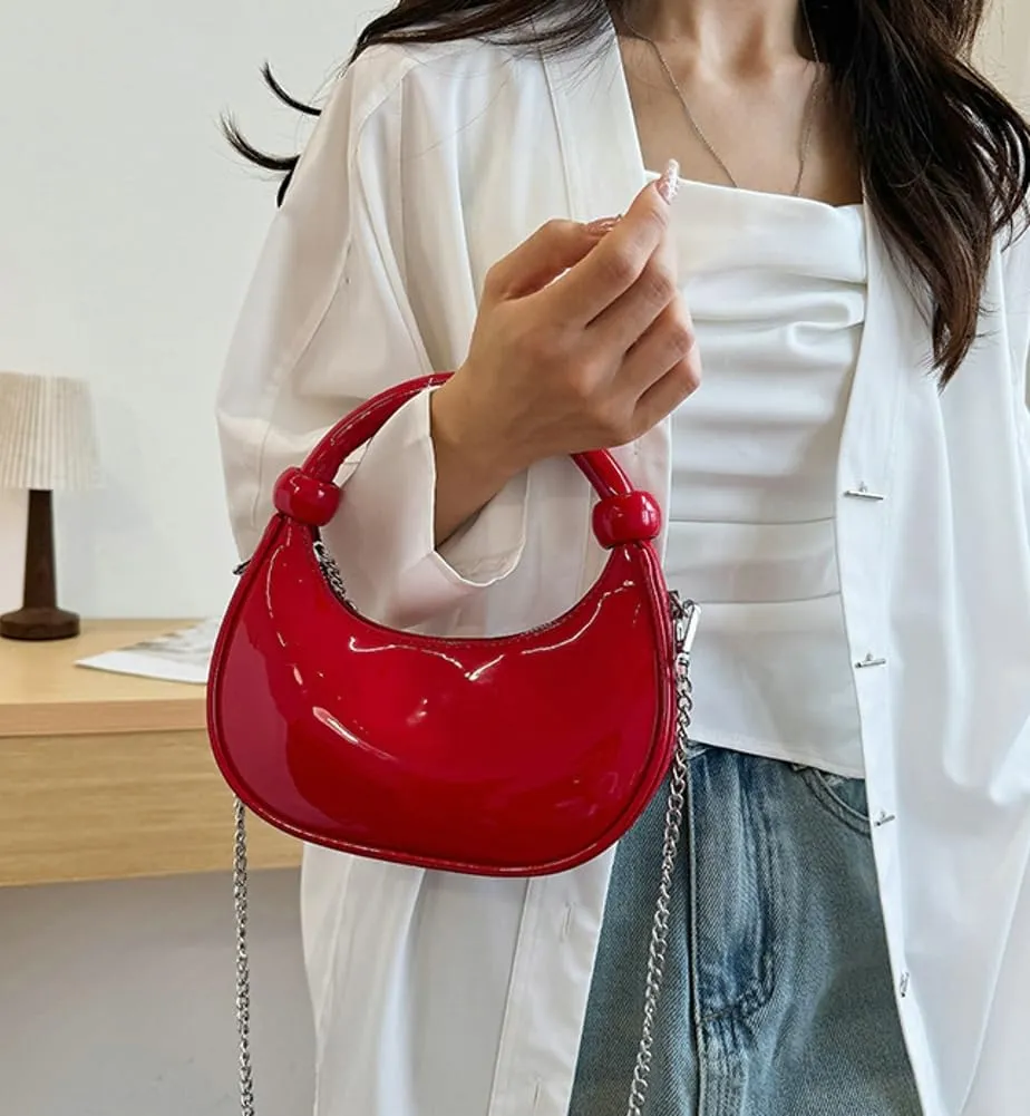 Women Knotted Top Handle Bag with Chain Glossy Handbags for Women 2025 Trending Crossbody Bag Crescent Purse Shoulder Clutch