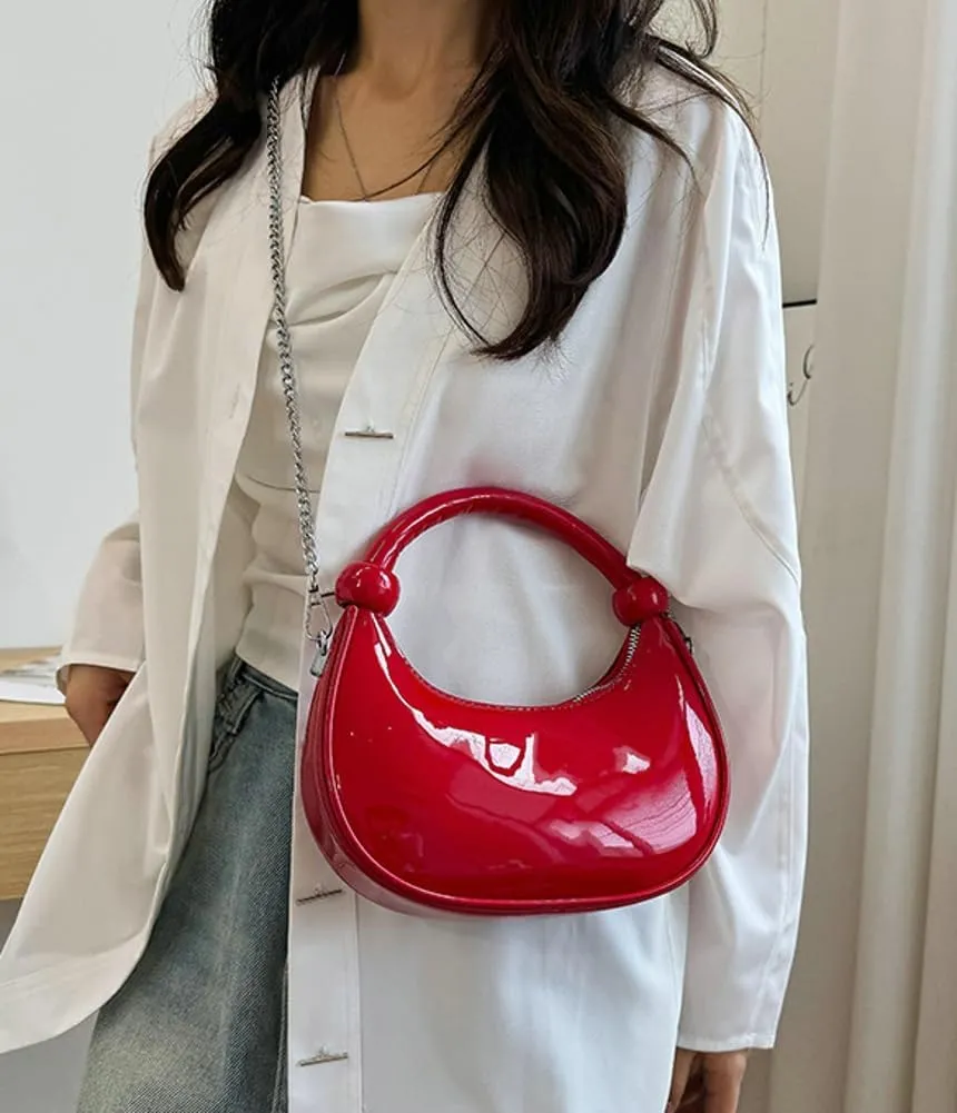 Women Knotted Top Handle Bag with Chain Glossy Handbags for Women 2025 Trending Crossbody Bag Crescent Purse Shoulder Clutch