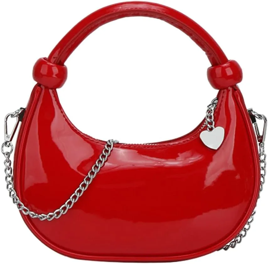 Women Knotted Top Handle Bag with Chain Glossy Handbags for Women 2025 Trending Crossbody Bag Crescent Purse Shoulder Clutch