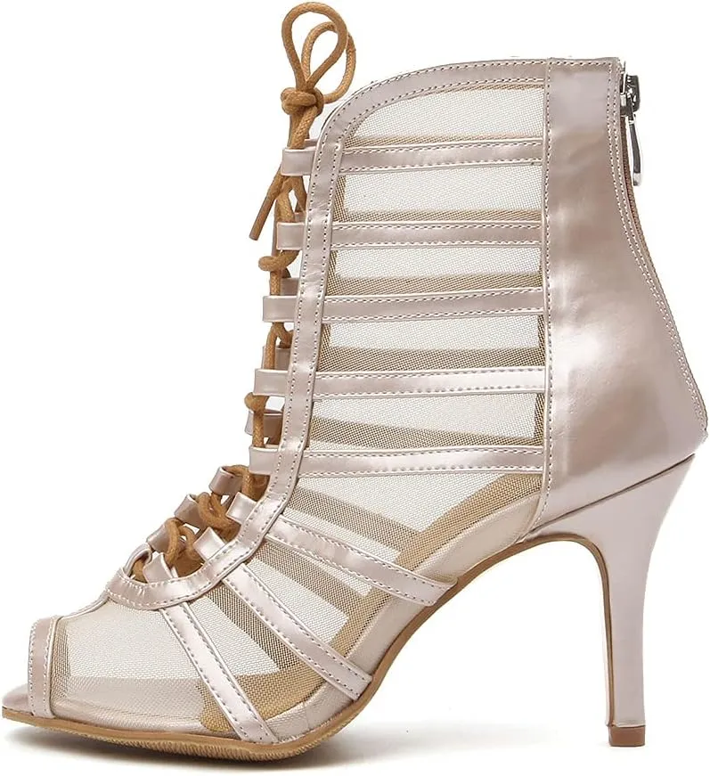 Women Latin Dance Boots Open Toe Ballroom Salsa Dancing Heels Shoes Ankle Dance Booties