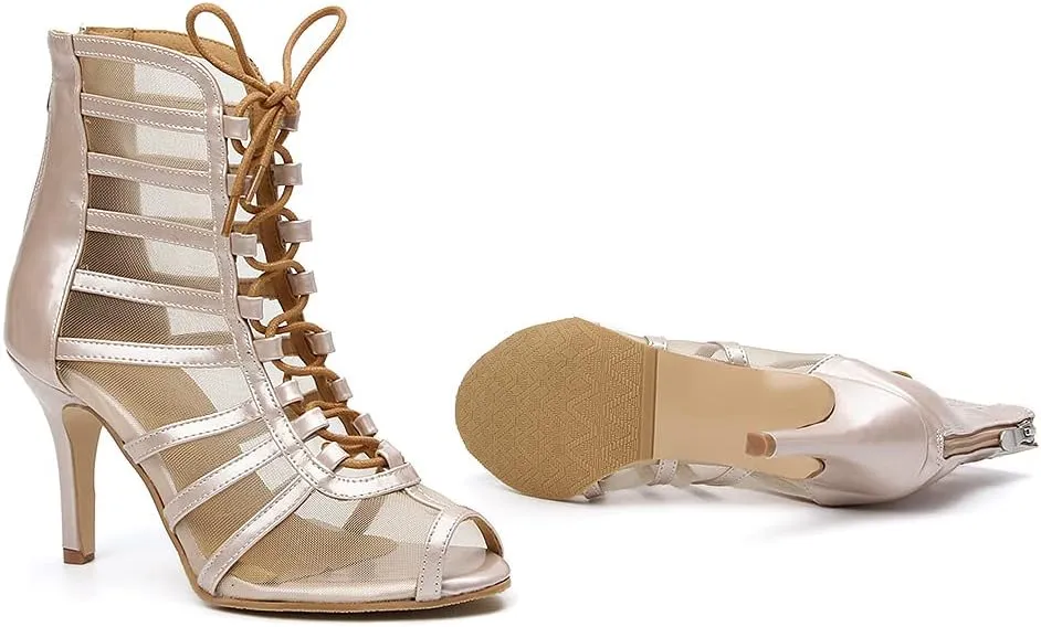 Women Latin Dance Boots Open Toe Ballroom Salsa Dancing Heels Shoes Ankle Dance Booties