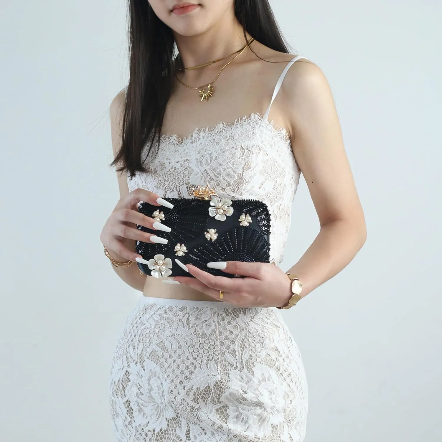Women Pearls Beaded Clutch Flower Sequins Evening Handbag Chain Strap Shoulder Bag