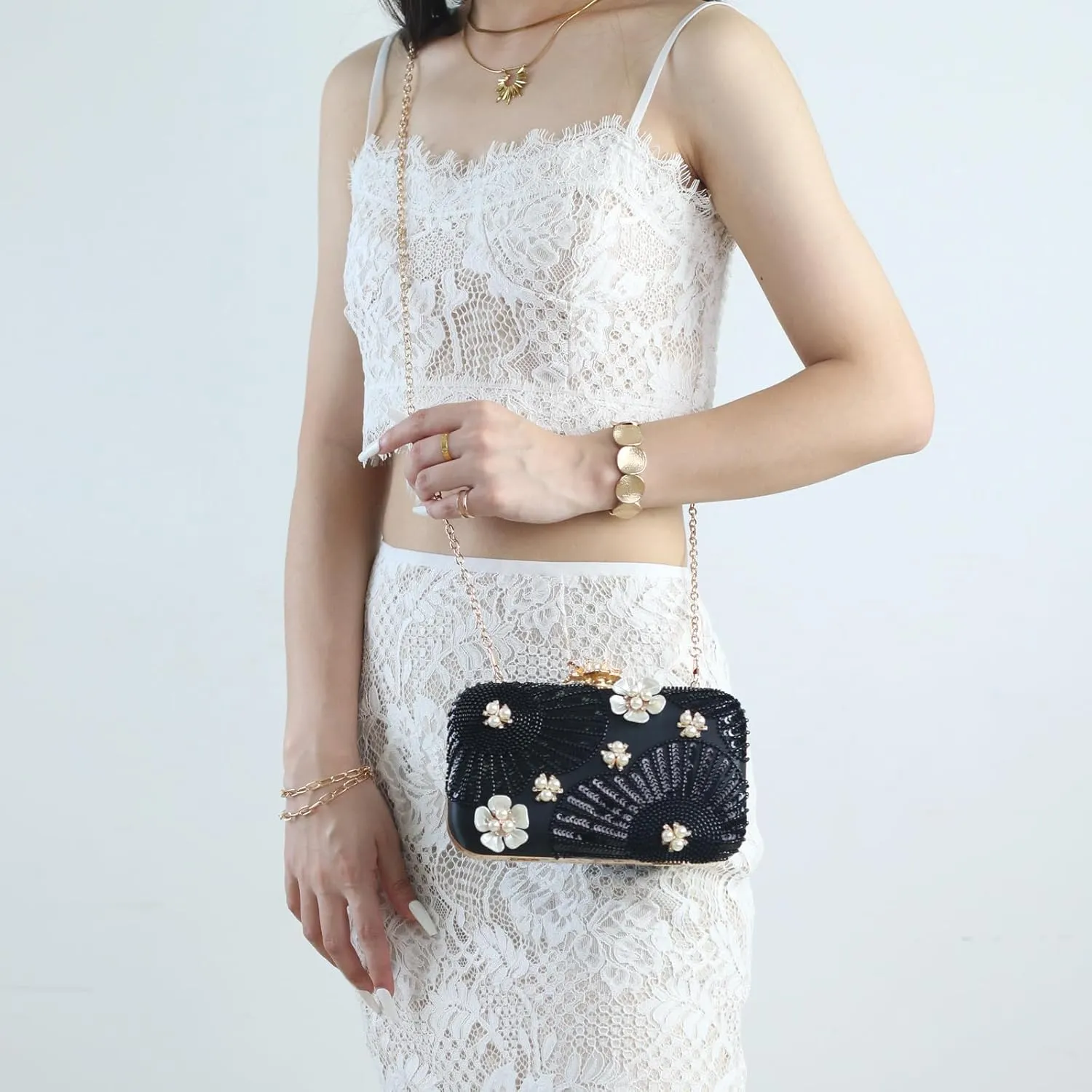 Women Pearls Beaded Clutch Flower Sequins Evening Handbag Chain Strap Shoulder Bag