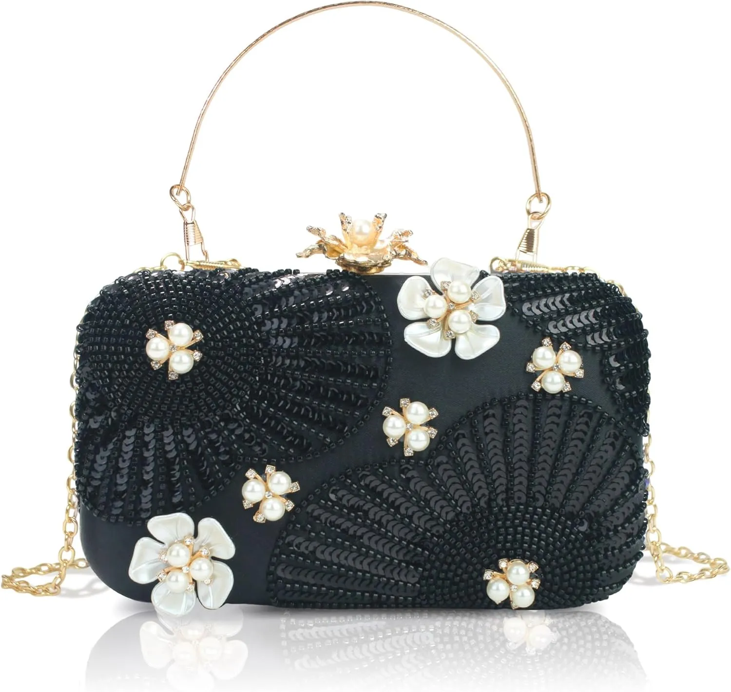 Women Pearls Beaded Clutch Flower Sequins Evening Handbag Chain Strap Shoulder Bag