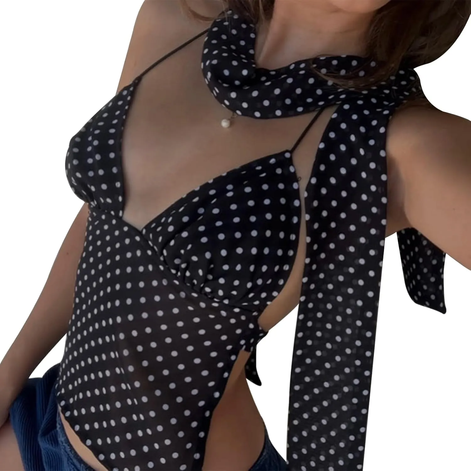 Women Sexy Camisole Top Sleeveless Backless V-Neck Polka Dot Print Tank Top Y2k Coquette Halter Neck Cami Crop Top