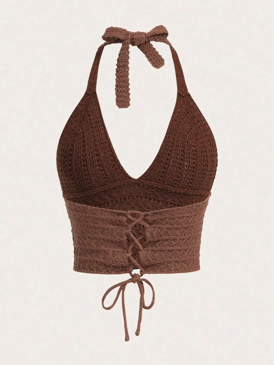 Women Sexy Hollow Out Crochet Crop Halter Tops Y2K Knitted V Neck Sleeveless Backless Lace Up Crop Cami Tank Beachwear