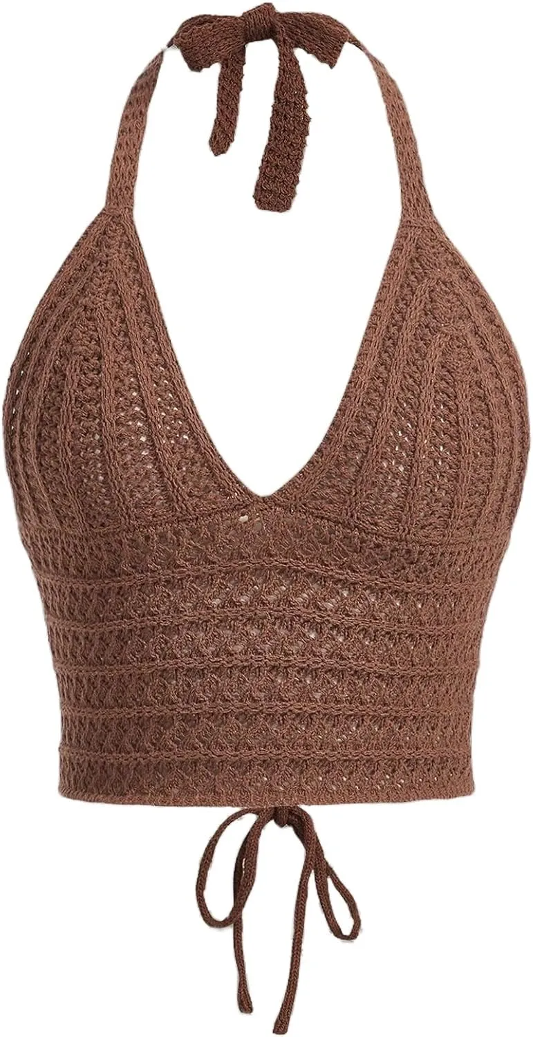 Women Sexy Hollow Out Crochet Crop Halter Tops Y2K Knitted V Neck Sleeveless Backless Lace Up Crop Cami Tank Beachwear