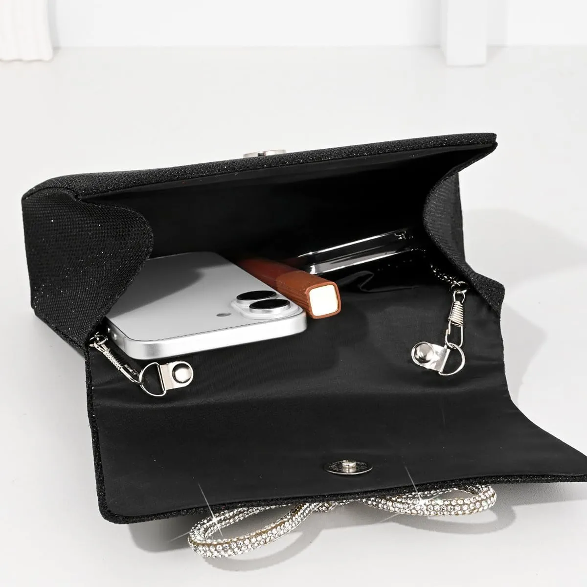 Women Shinny Bow Evening Bag Sparkly Rhinestone Handle Bag Detachable Metal Chain Clutch Purse for Wedding Cocktail