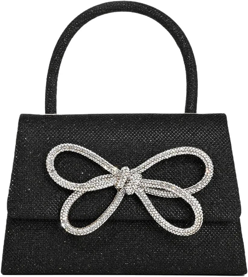 Women Shinny Bow Evening Bag Sparkly Rhinestone Handle Bag Detachable Metal Chain Clutch Purse for Wedding Cocktail