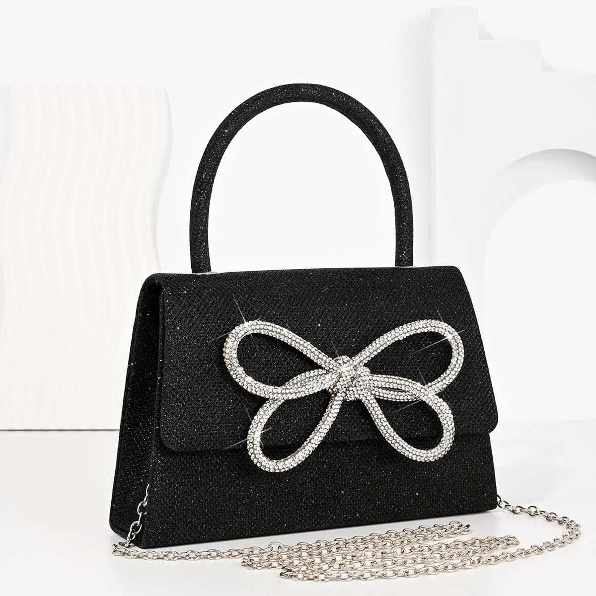 Women Shinny Bow Evening Bag Sparkly Rhinestone Handle Bag Detachable Metal Chain Clutch Purse for Wedding Cocktail