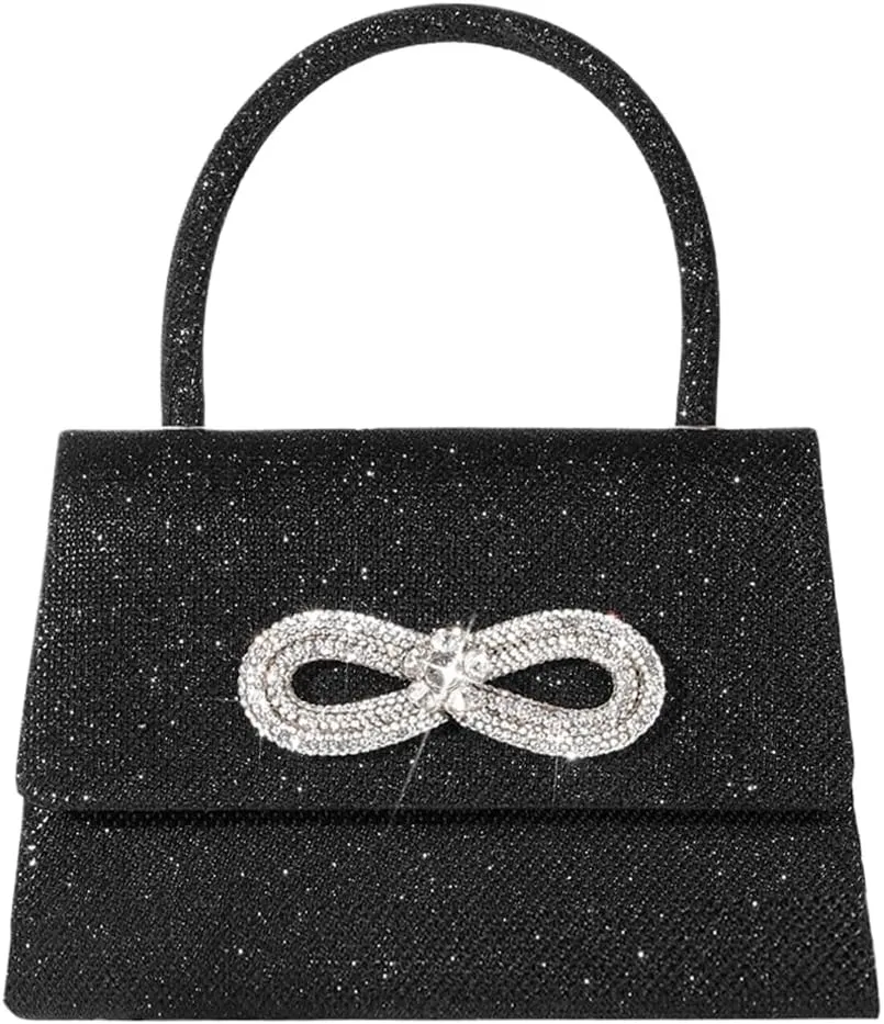 Women Shinny Bow Evening Bag Sparkly Rhinestone Handle Bag Detachable Metal Chain Clutch Purse for Wedding Cocktail