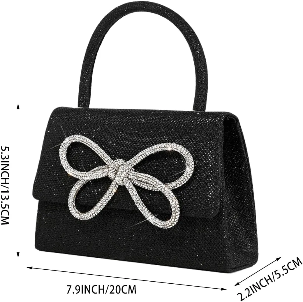 Women Shinny Bow Evening Bag Sparkly Rhinestone Handle Bag Detachable Metal Chain Clutch Purse for Wedding Cocktail