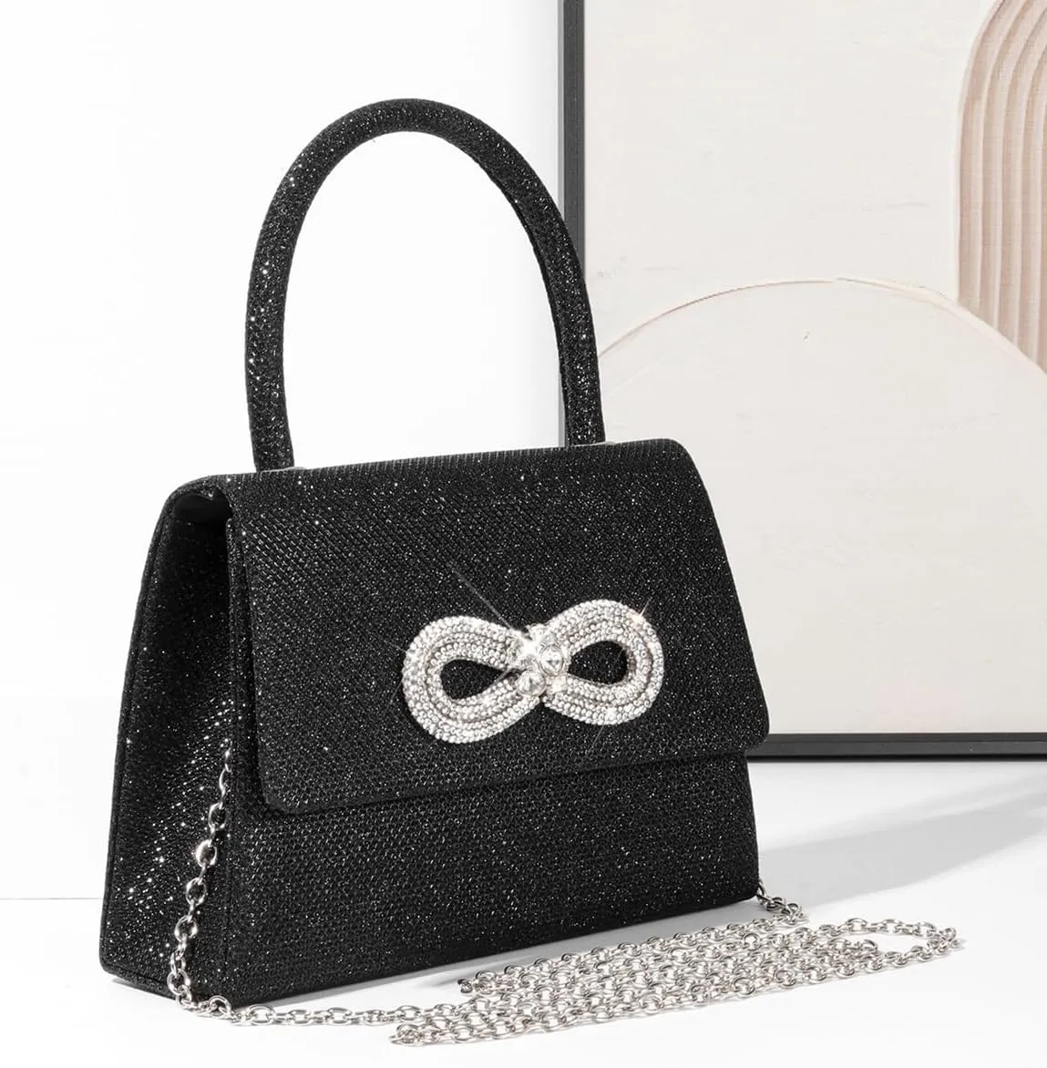 Women Shinny Bow Evening Bag Sparkly Rhinestone Handle Bag Detachable Metal Chain Clutch Purse for Wedding Cocktail