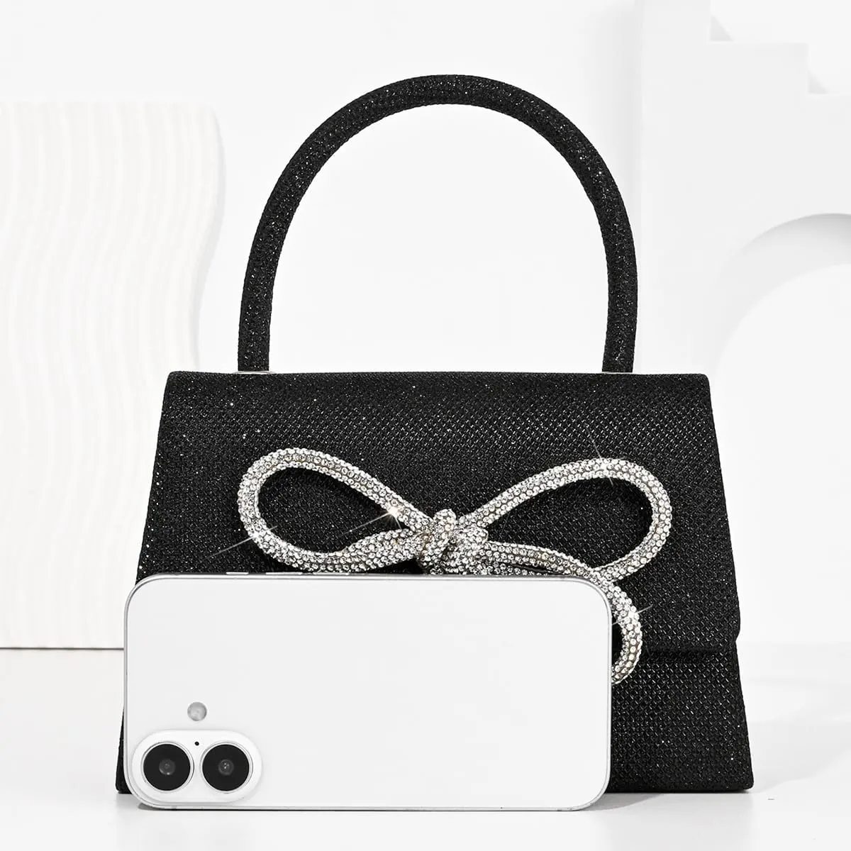Women Shinny Bow Evening Bag Sparkly Rhinestone Handle Bag Detachable Metal Chain Clutch Purse for Wedding Cocktail