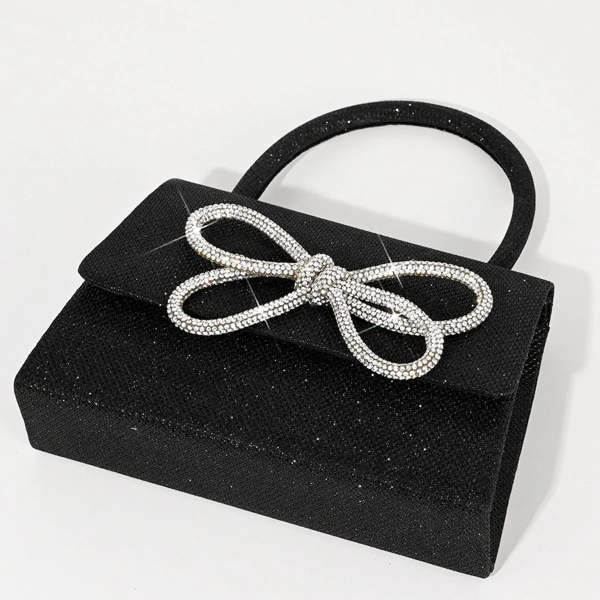 Women Shinny Bow Evening Bag Sparkly Rhinestone Handle Bag Detachable Metal Chain Clutch Purse for Wedding Cocktail