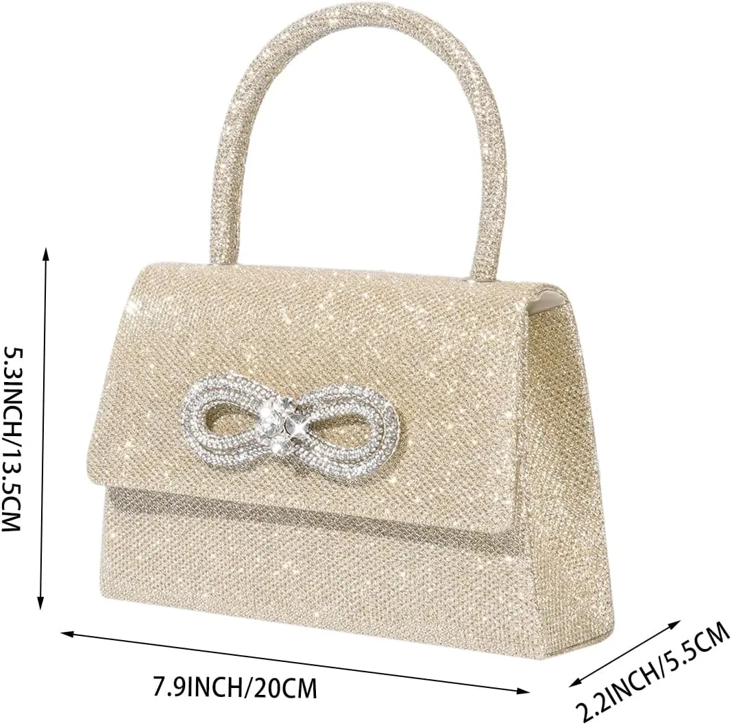 Women Shinny Bow Evening Bag Sparkly Rhinestone Handle Bag Detachable Metal Chain Clutch Purse for Wedding Cocktail