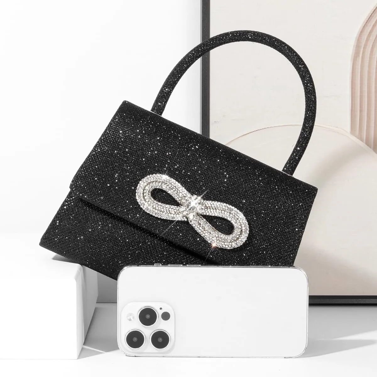 Women Shinny Bow Evening Bag Sparkly Rhinestone Handle Bag Detachable Metal Chain Clutch Purse for Wedding Cocktail
