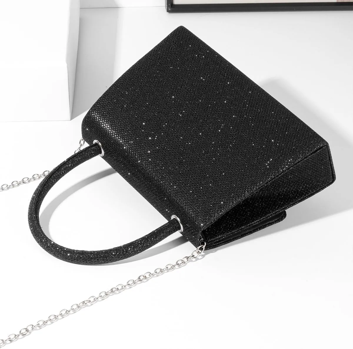 Women Shinny Bow Evening Bag Sparkly Rhinestone Handle Bag Detachable Metal Chain Clutch Purse for Wedding Cocktail