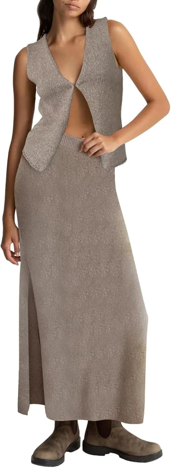 Women Summer 2 Piece Skirt Outfit V Neck Button Tank Top Vest Bodycon Knit Maxi Long Skirt Set Waffle Dress Suit