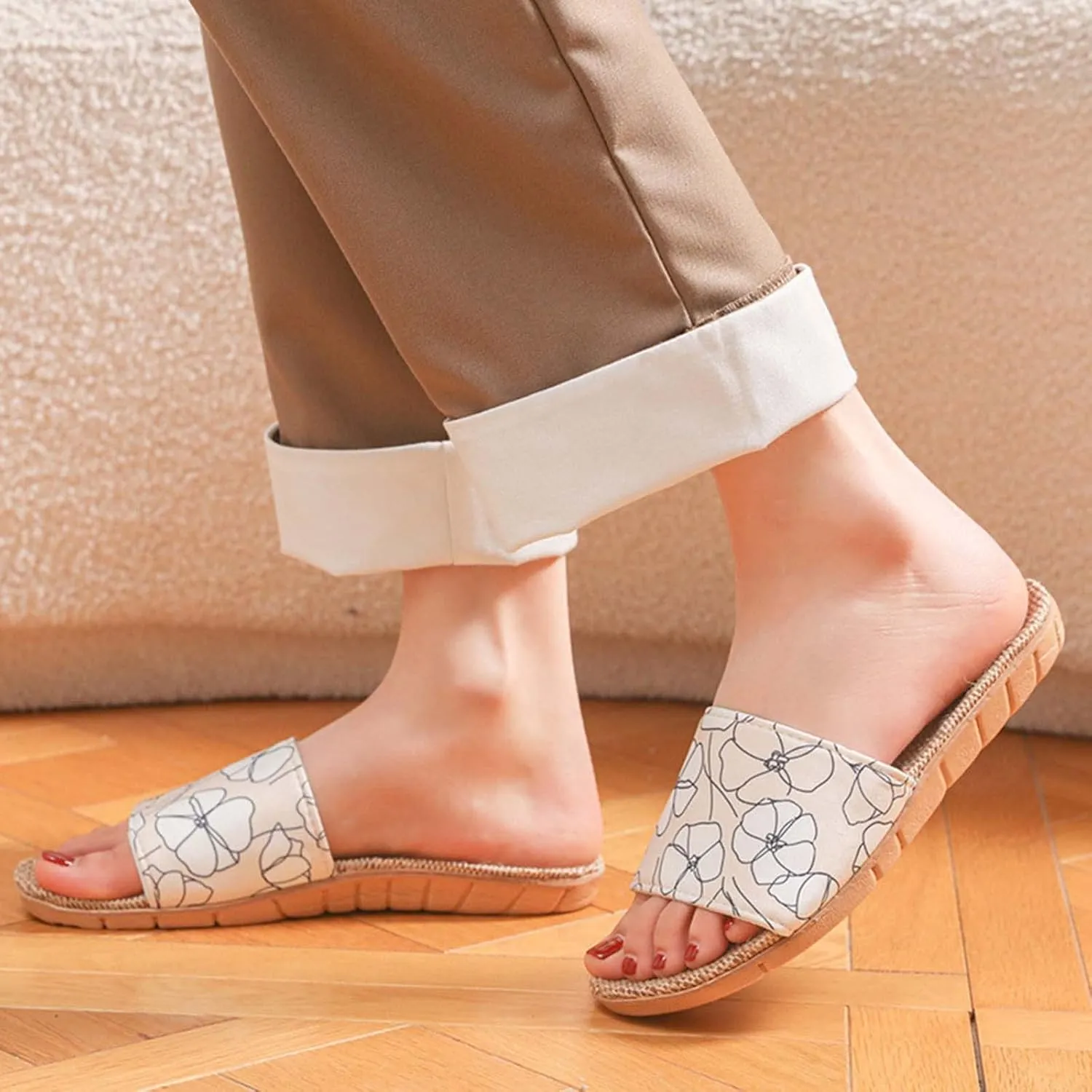 Women Summer Lounge Slide Sandals Casual Flat Loungewear Slipper Slip on Non-Slip Slides Home Indoor Sandal Shoes