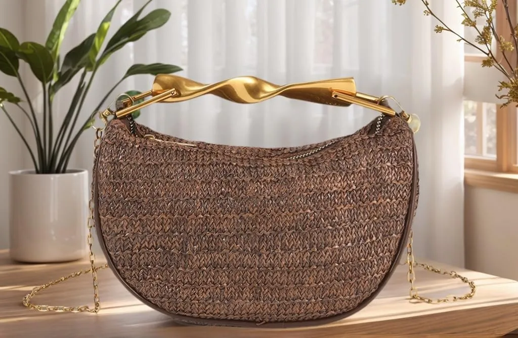 Women Top Handle Straw Clutch Purse Trendy Evening Bag with Detachable Chain for Beach Vacation Wedding Party