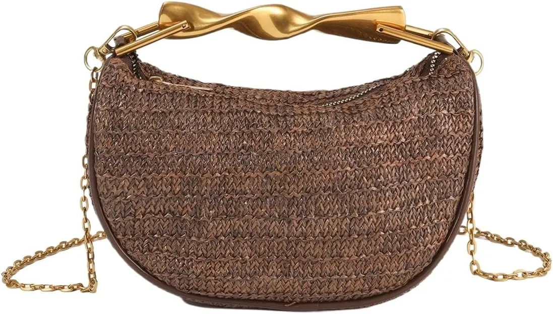 Women Top Handle Straw Clutch Purse Trendy Evening Bag with Detachable Chain for Beach Vacation Wedding Party
