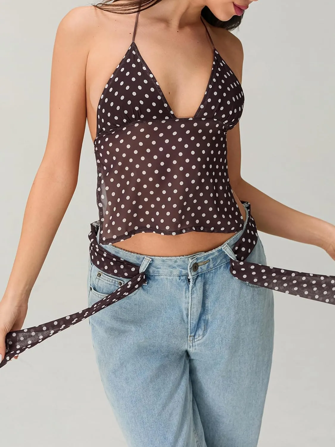 Women Y2K Cami Tank Top Sleeveless Backless Polka Dot Camisole Top Sexy Going Out Crop Tank Tops with Scarf