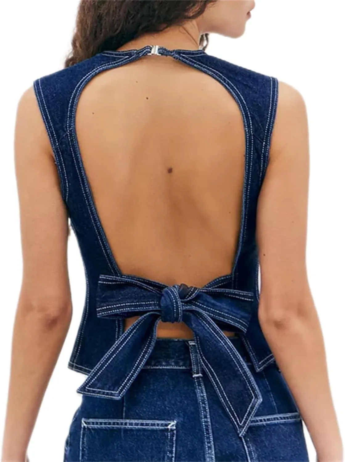 Women Y2k Halter Denim Top Backless Tie Back Button Up Relaxed Fit Jean Vest Sexy Vintage Summer Going Out Tank Top