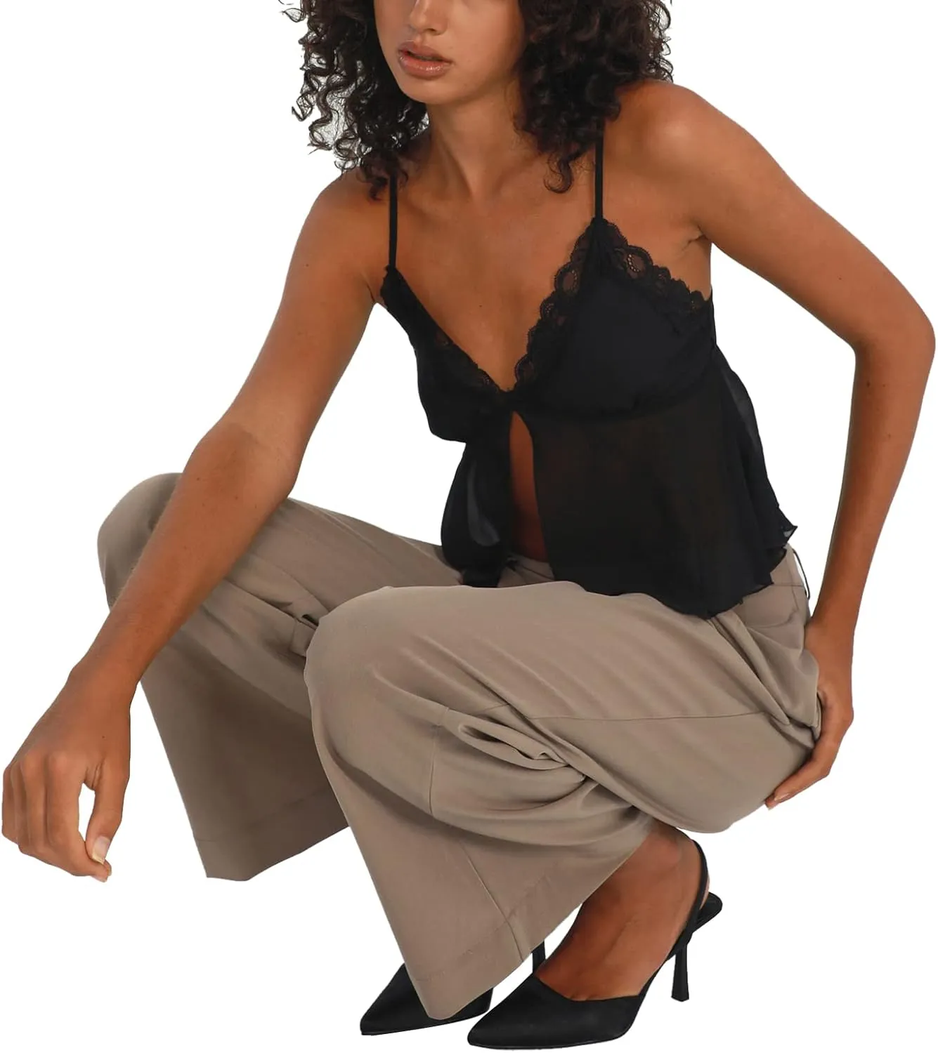 Women Y2K Sexy Tie Front Crop Top Spaghetti Strap Sleeveless Camisole Vest Summer Backless Going Out Cami Tank Tops