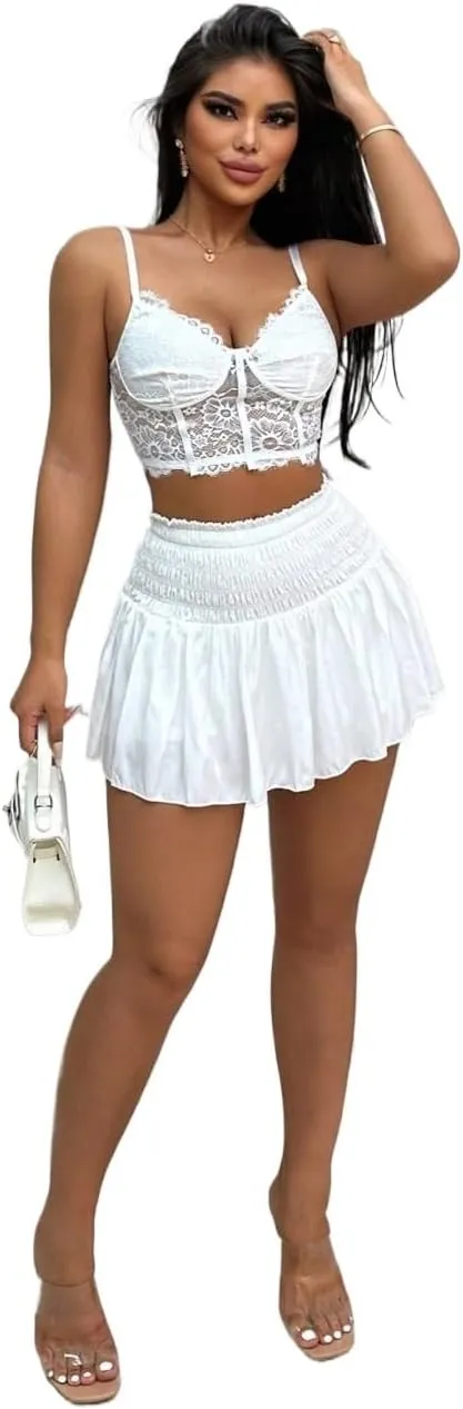 Women's 2024 Summer Casual Mini Skorts Solid Color Shirred Waist Drawstring Shorts