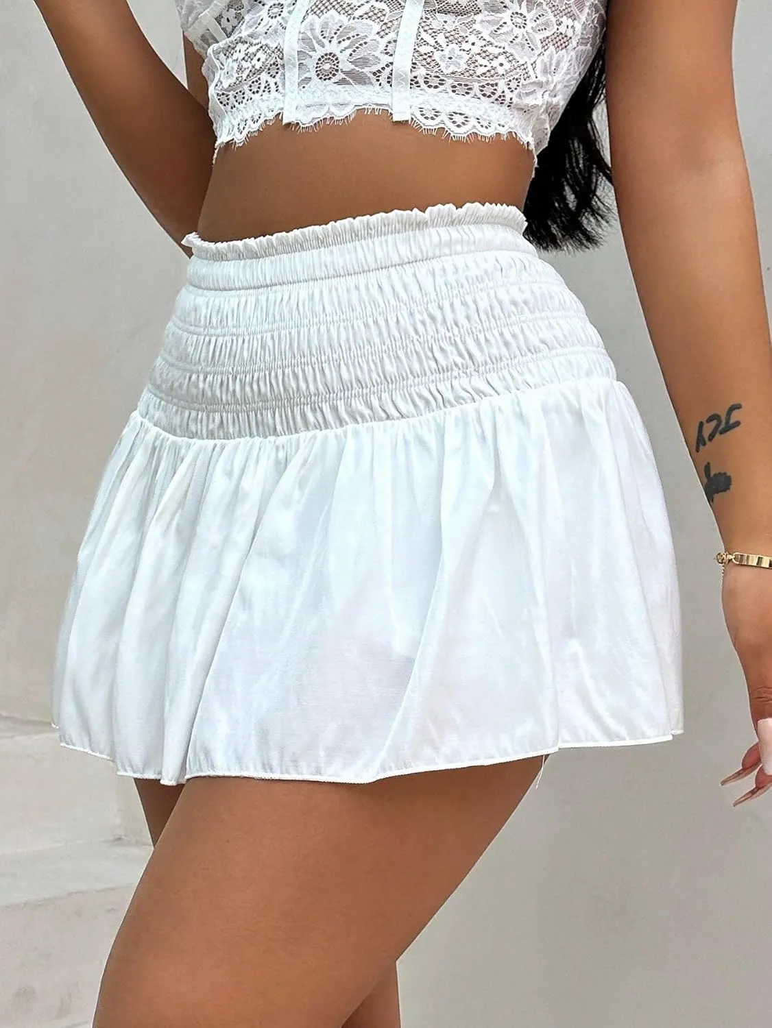 Women's 2024 Summer Casual Mini Skorts Solid Color Shirred Waist Drawstring Shorts