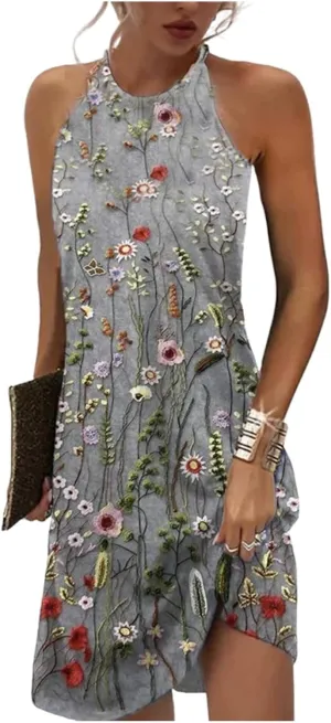 Women's 2025 Summer Dresses Sophisticated Halter Sleeveless Dress Casual Floral Print A Line Mini Dress
