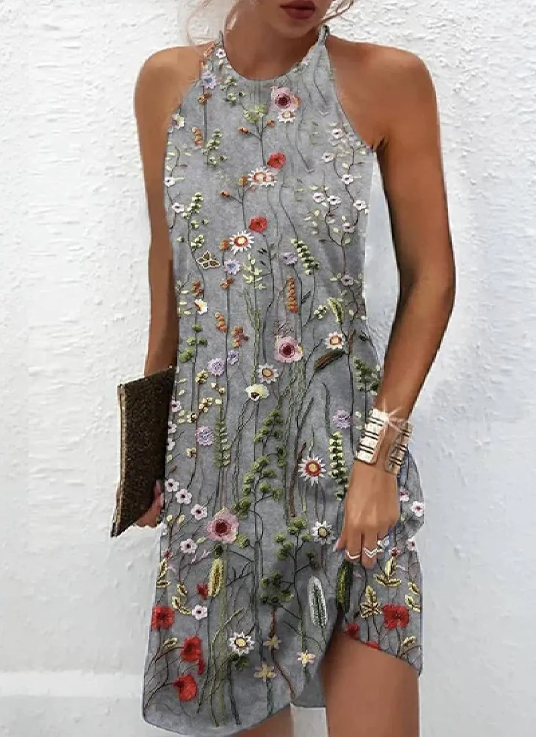 Women's 2025 Summer Dresses Sophisticated Halter Sleeveless Dress Casual Floral Print A Line Mini Dress