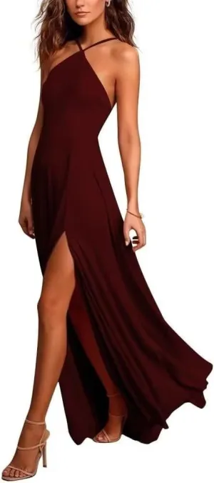 Womens A Line Halter Neck Bridesmaid Dresses, Chiffon Long Formal Evening Party Gown with Side Slit