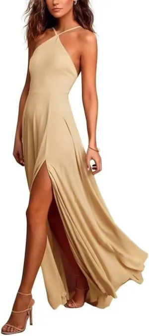 Womens A Line Halter Neck Bridesmaid Dresses, Chiffon Long Formal Evening Party Gown with Side Slit