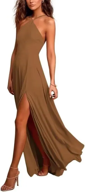Womens A Line Halter Neck Bridesmaid Dresses, Chiffon Long Formal Evening Party Gown with Side Slit