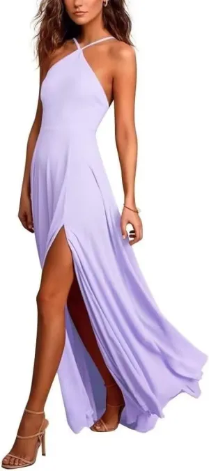 Womens A Line Halter Neck Bridesmaid Dresses, Chiffon Long Formal Evening Party Gown with Side Slit