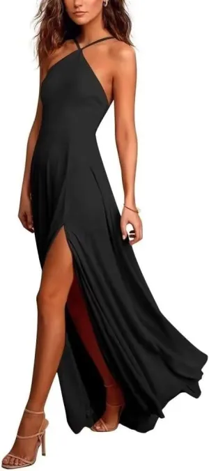 Womens A Line Halter Neck Bridesmaid Dresses, Chiffon Long Formal Evening Party Gown with Side Slit