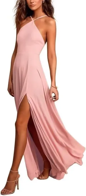 Womens A Line Halter Neck Bridesmaid Dresses, Chiffon Long Formal Evening Party Gown with Side Slit