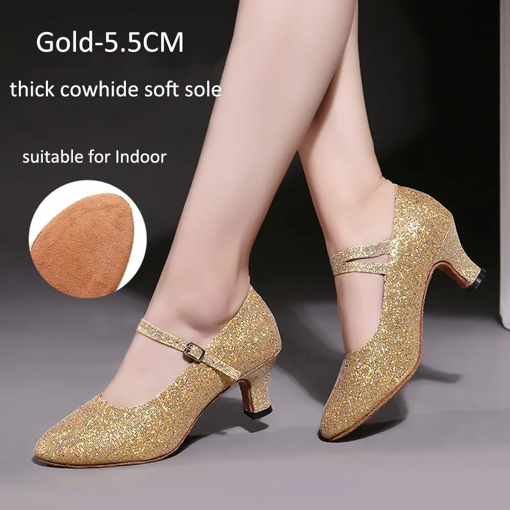 Womens Ballroom Latin Dance Shoes, Glitter Leather Closed Toe Heels Shoes Cowhide Sole for Indoors